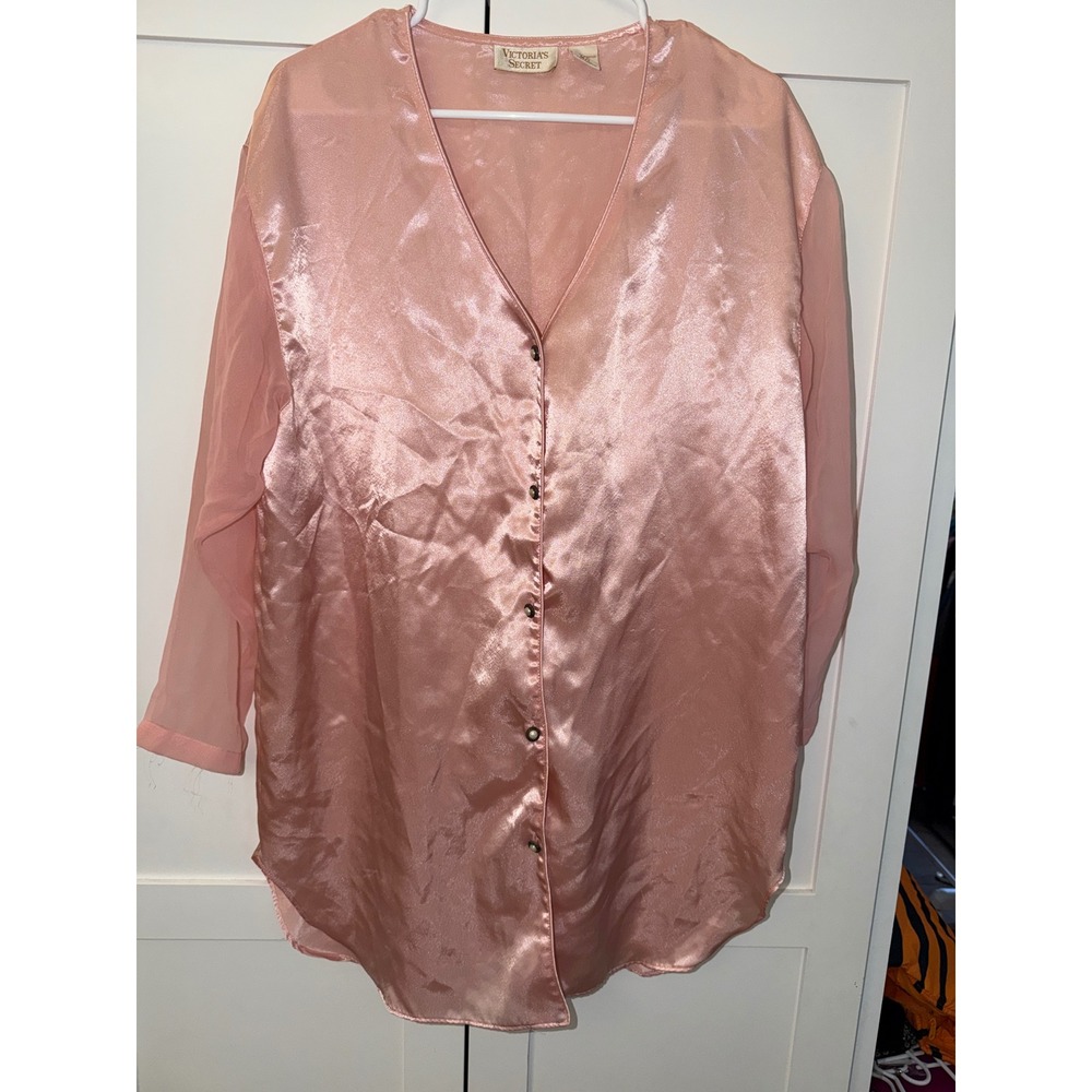 Vintage Victorias Secret Gold Label Satin Sleep Shirt Pink Sheer Sleeve M/L